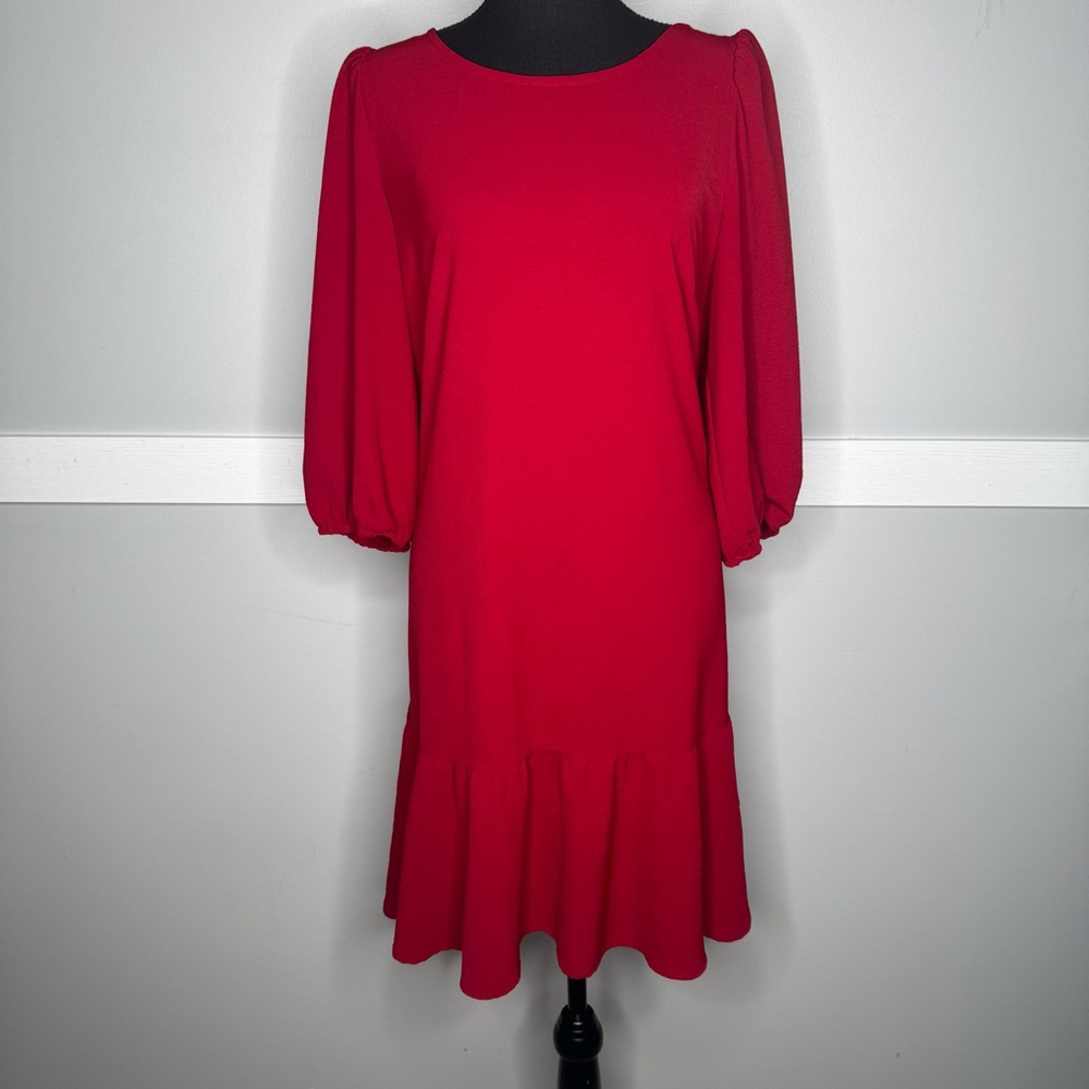 Connected Apparel Red Ruffle Hem Puff Sleeve Shift Dress Size 8‎ TRM53758M